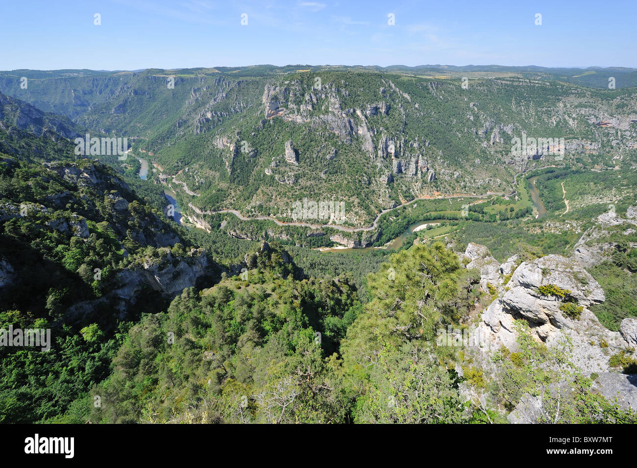 Blick auf das Tal des Flusses Tarn (Gorges du Tarn) von der Spitze des Causse Méjean - Cevennen - Frankreich Stockfoto