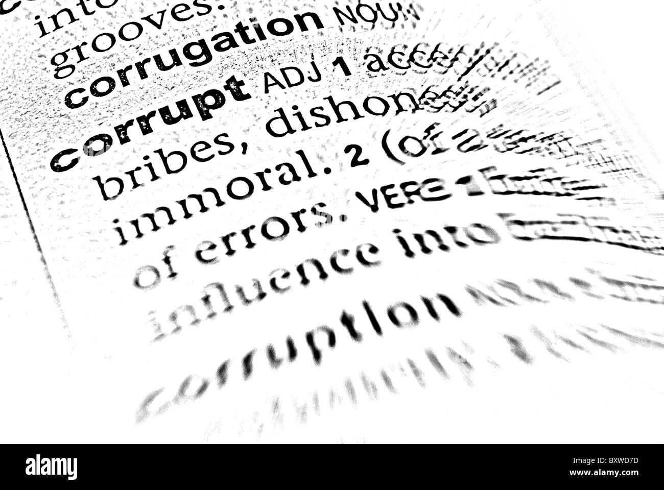 Eine ausführliche Foto-Illustration der korrupten Wort Beschreibung in ein englisches Wörterbuch. Stockfoto