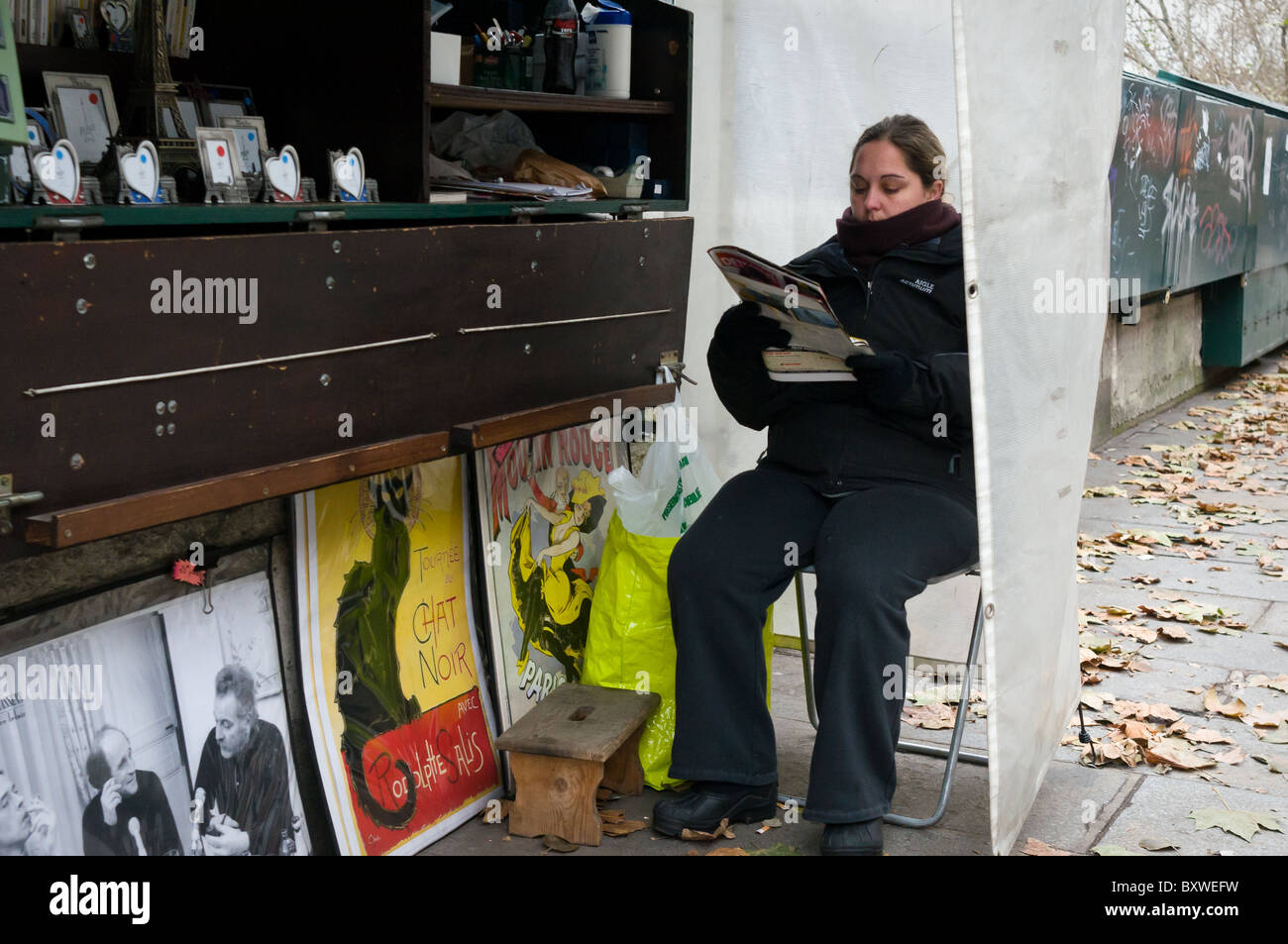 Eine Frau liest eine Zeitschrift an einem Kai touristischen Marktstand, Paris. Aufnahmedatum: 12.05.10 Stockfoto