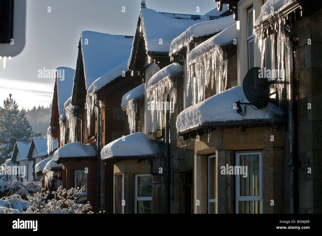 Eiszapfen hängen von Dächern nach Kälteeinbruch Stockfoto