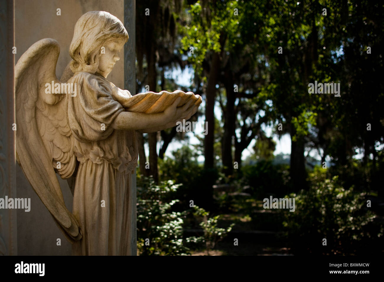 USA, Georgia, Savannah, Friedhof Statue des Engels im Inneren Bonaventure Friedhof am Sommermorgen Stockfoto