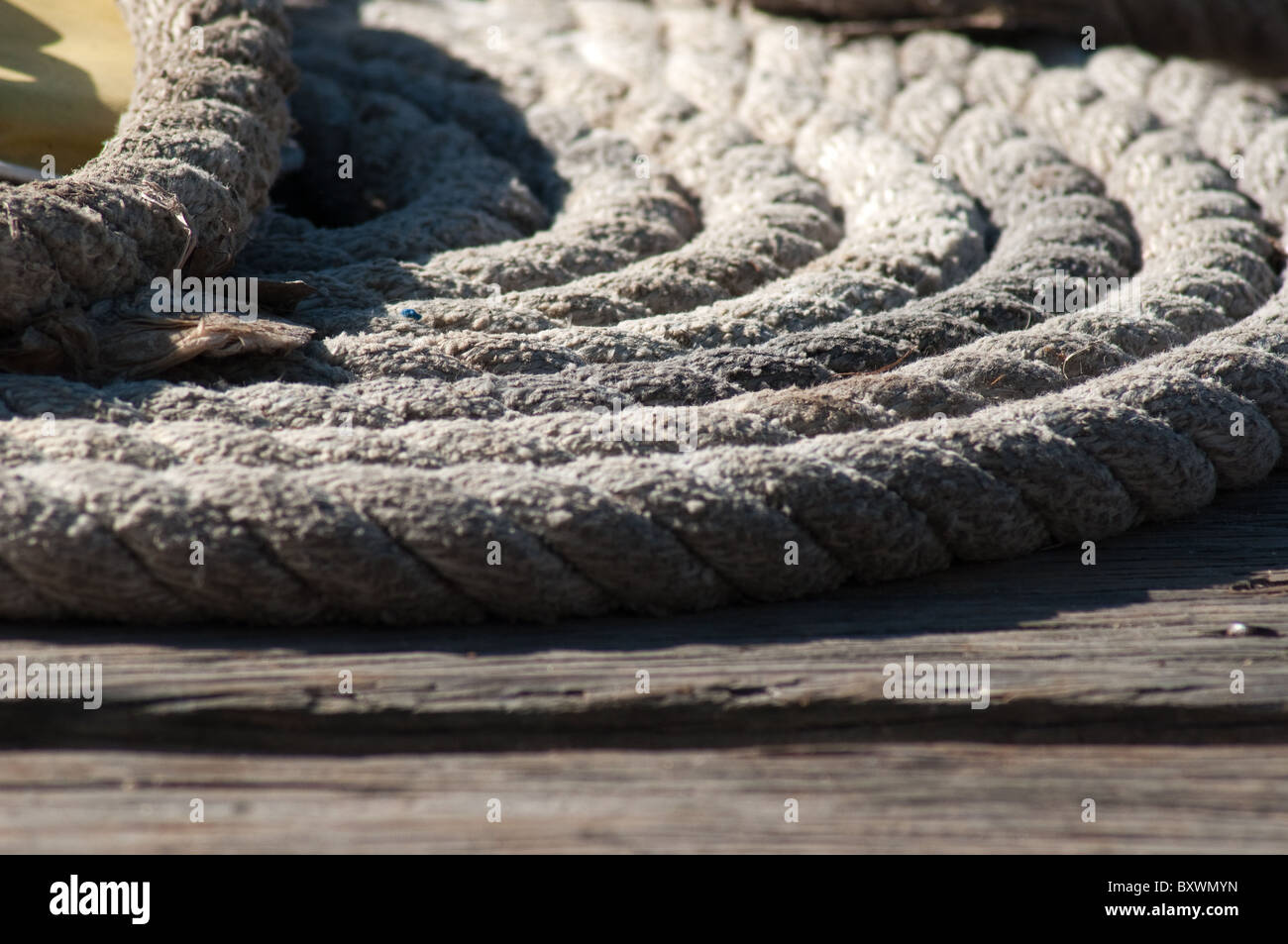 Nahaufnahme der gewickelte Seil auf hölzerne dock Stockfoto