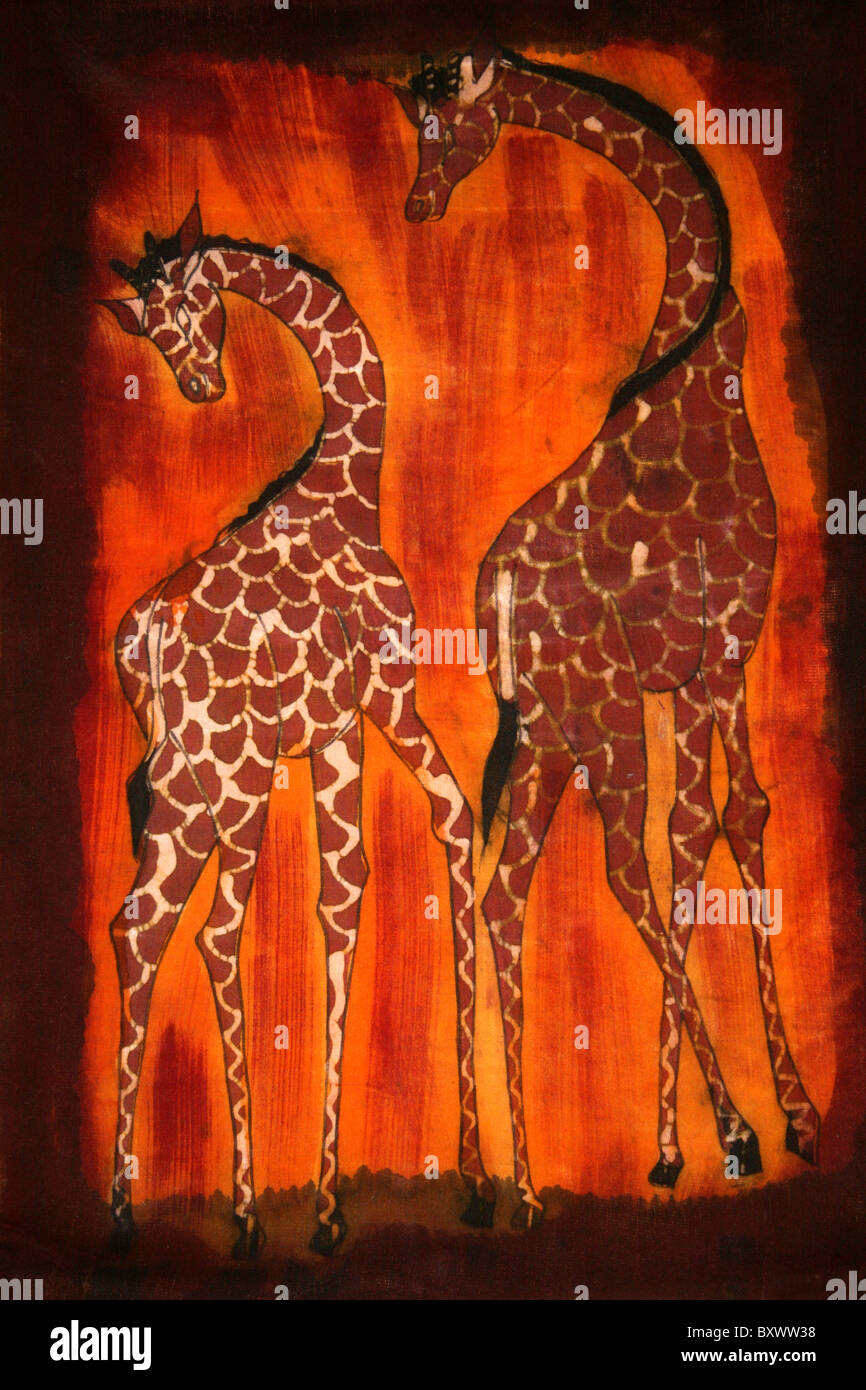 Kenianische Batik zwei Giraffe Stockfoto