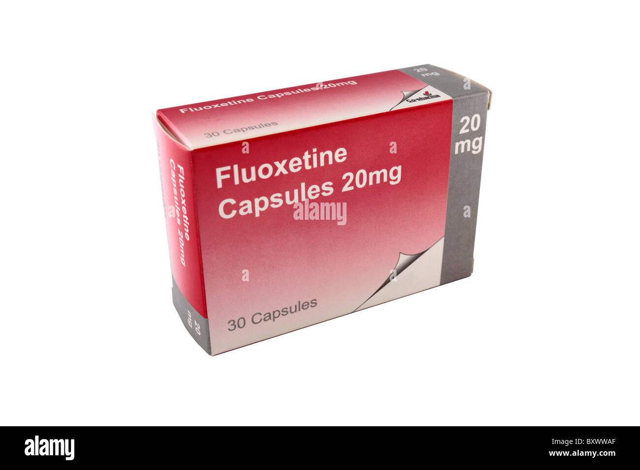 Eine Schachtel mit 20mg Kapseln Fluoxetin Stockfoto