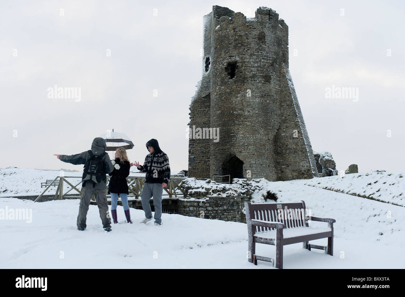 Aberystwyth Burg Wales UK im Schnee, Dezember 2010 Stockfoto