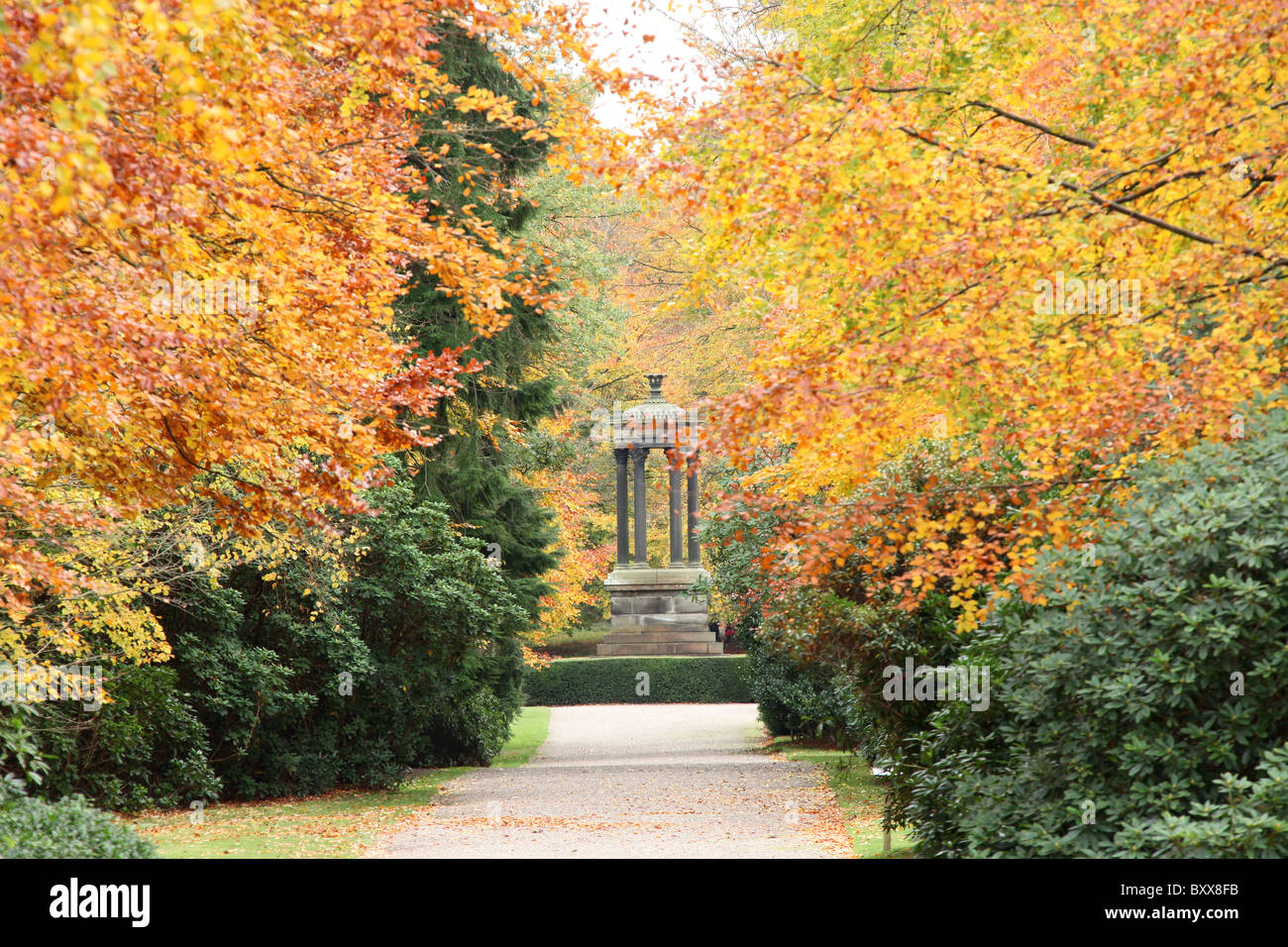 Nachlass von Tatton Park, England. Herbstlicher Blick auf die breiten Fuß mit dem frühen 19. Jahrhundert Choragic Monument im Hintergrund. Stockfoto