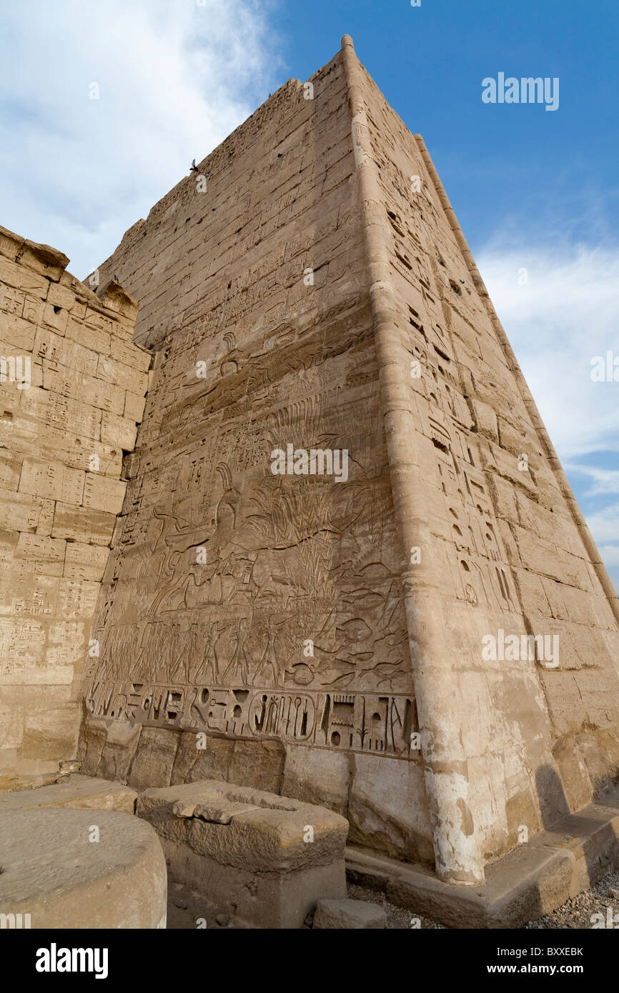 Reliefs zeigen Jagd in den Sümpfen in Medinet Habu, Leichenhalle Tempel von Ramses III, Westufer des Nil, Luxor, Ägypten Stockfoto