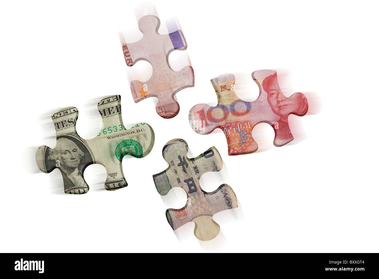 Internationale Währungen und unübertroffene Puzzlestücke auf weißem Hintergrund Stockfoto