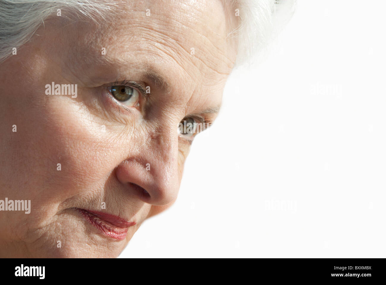 Ältere Frau intensiv auf der Suche Stockfoto