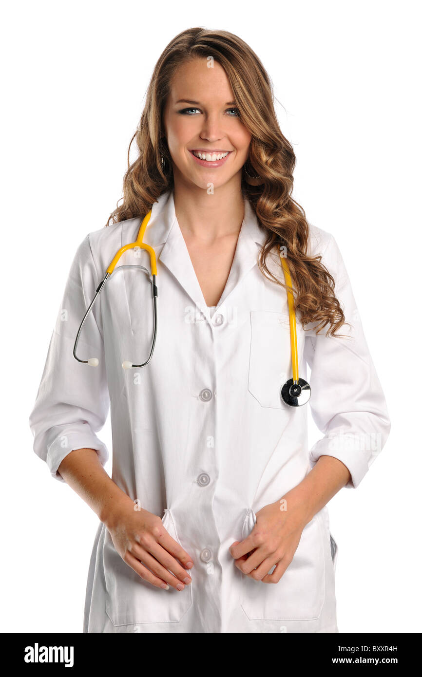 Porträt der schönen Ärztin isoliert auf weißem Hintergrund Stockfoto