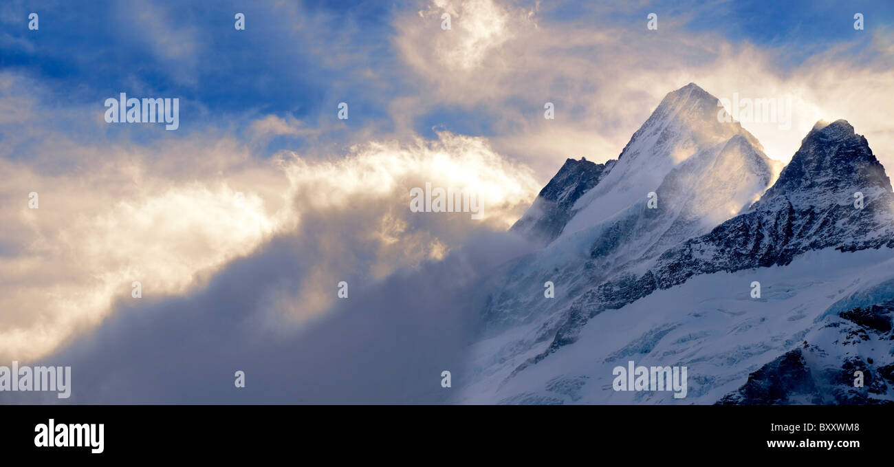 Wetterhorn-Berg in Wolken bei Sonnenuntergang. Schweizer Alpen, Schweiz Stockfoto