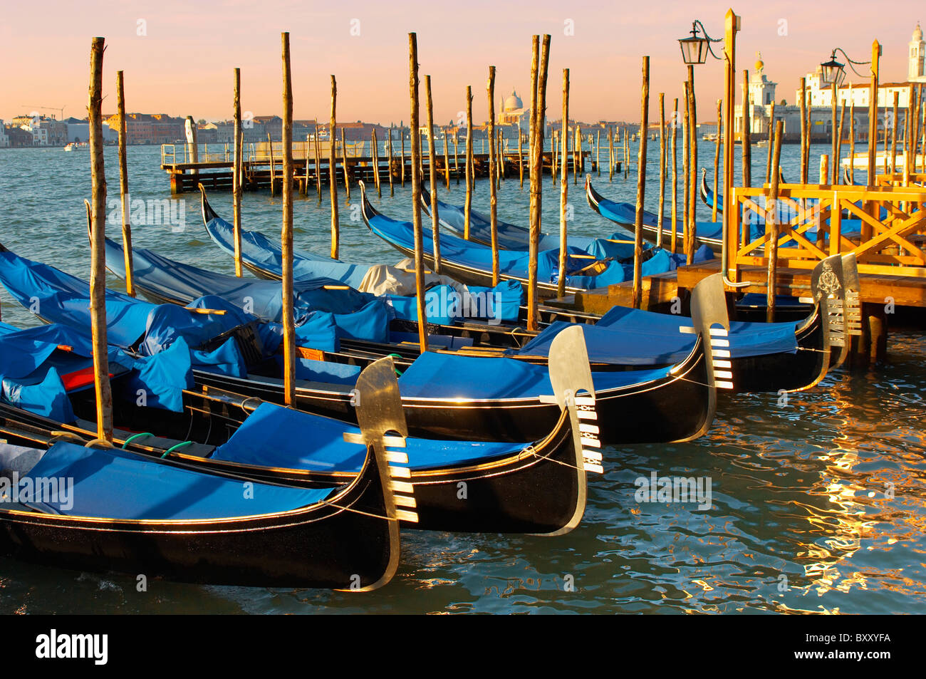 Gondeln in der frühen Morgensonne - Vnice Italien. Stockfoto