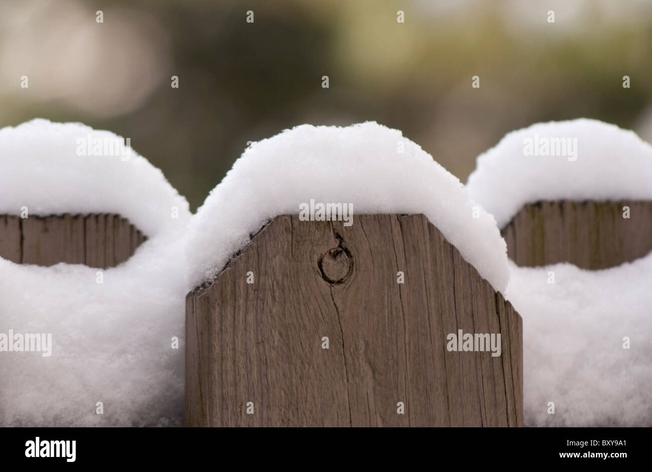 Schneebedeckte Holzzaun an einem Wintertag in einem nördlichen Vorort von Pittsburgh, Pennsylvania. Stockfoto