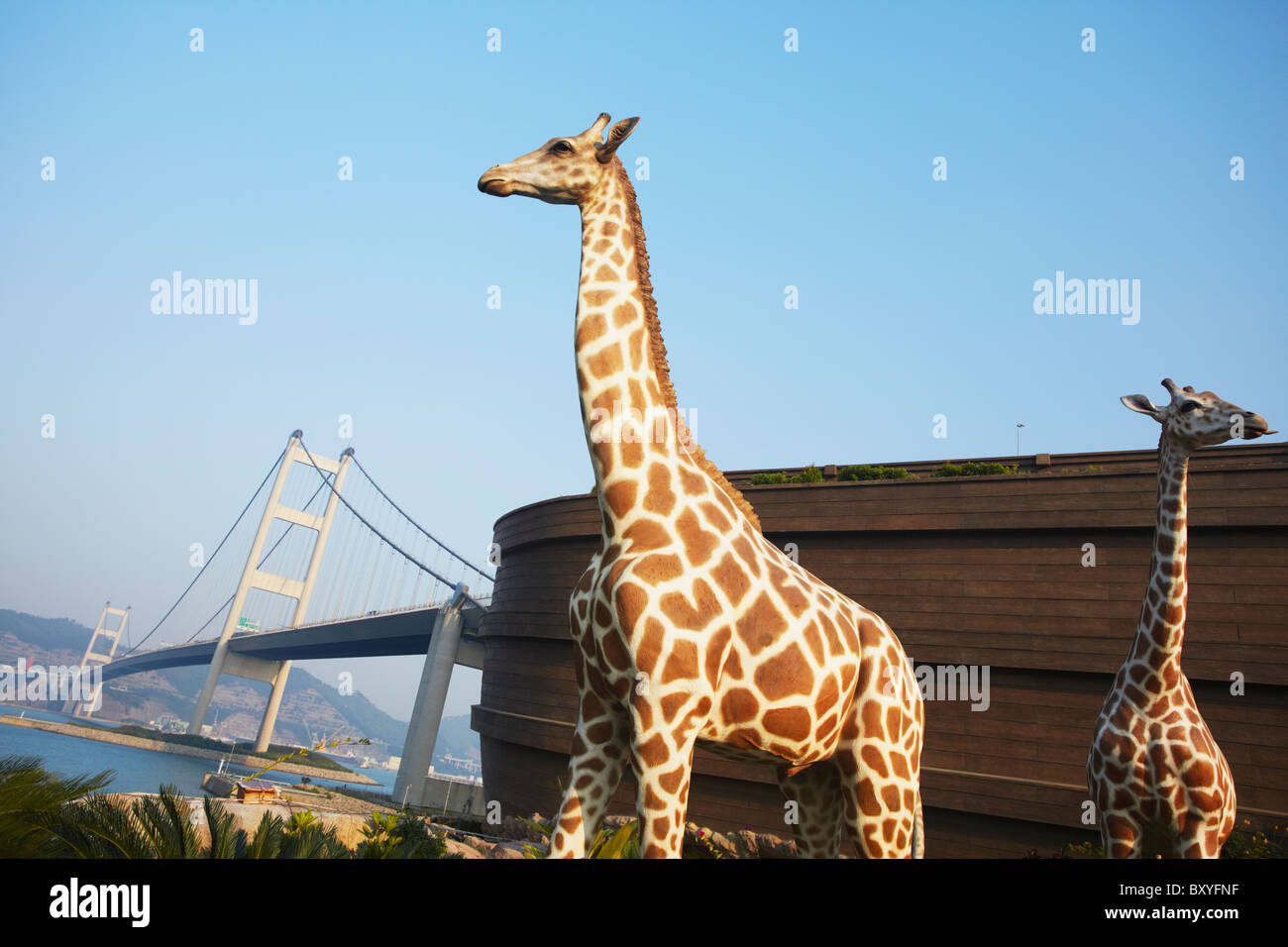 Giraffe Skulpturen auf der Arche Noah (vollständige Replik) mit Tsing Ma Bridge im Hintergrund, Ma Wan, Hong Kong, China Stockfoto