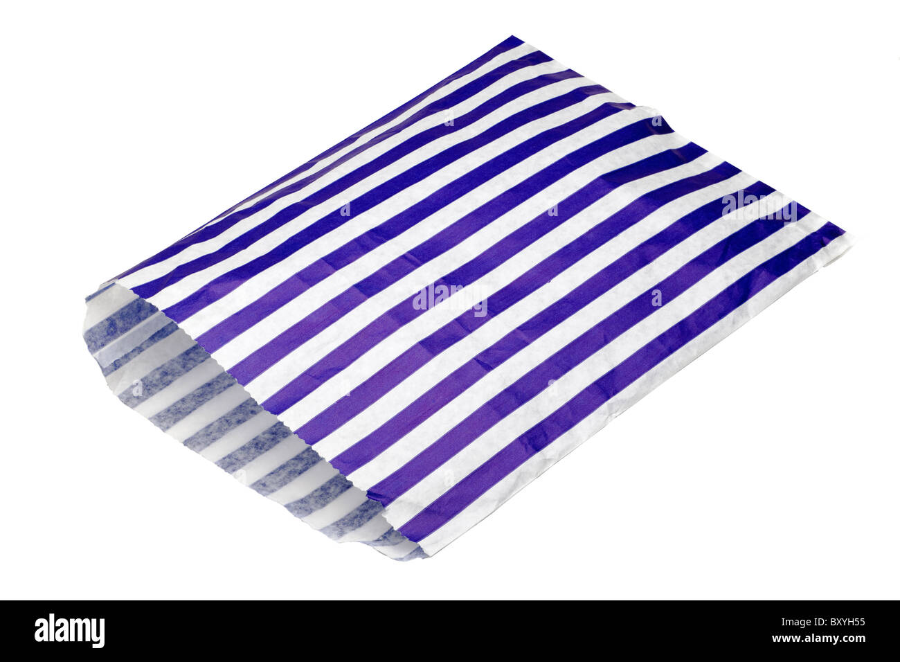 Blau-weiß gestreifte Papierbeutel Stockfoto