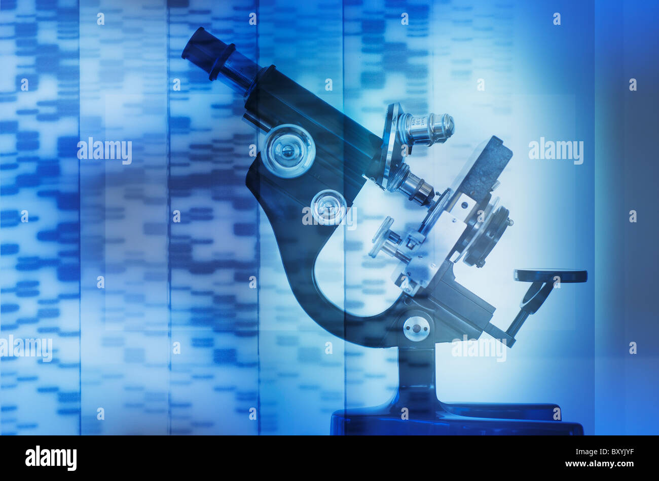 Mikroskop und DNA-Sequenz Stockfoto