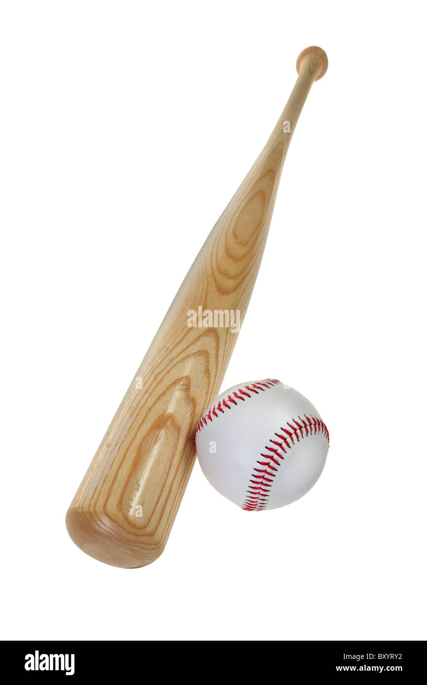 Baseballschläger und Baseball, weißer Hintergrund Stockfoto