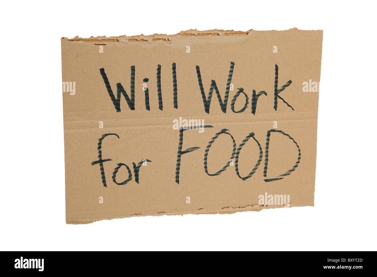 Karton "Will Work für Lebensmittel' unterschreiben auf weißem Hintergrund Stockfoto