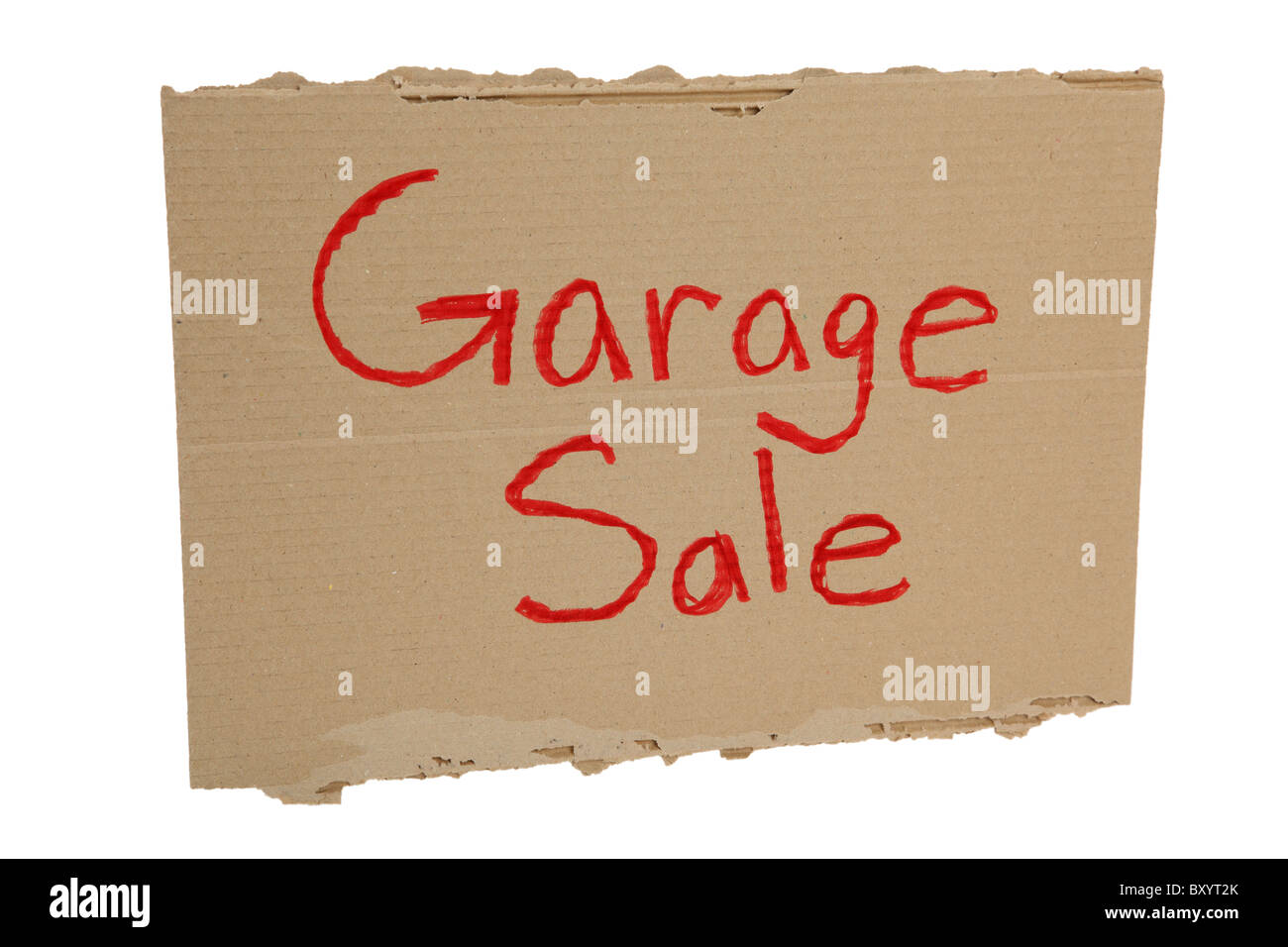 Garage Verkauf Pappschild auf weißem Hintergrund Stockfoto