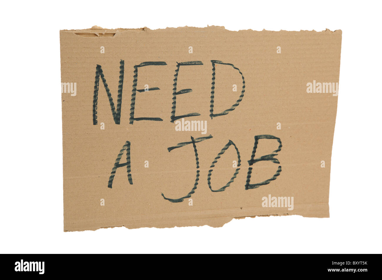 "Brauchen einen Job" Pappschild auf weißem Hintergrund Stockfoto