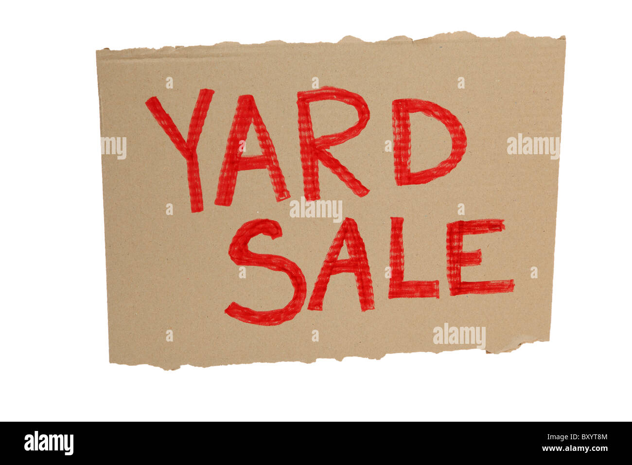 Karton-Hof-Verkauf Zeichen auf weißem Hintergrund Stockfoto