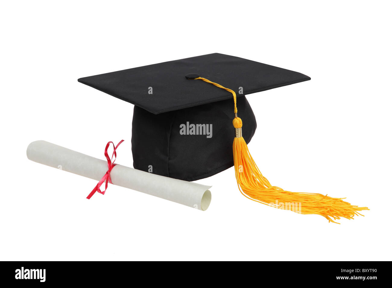 Graduation Hut und Diplom auf weißem Hintergrund Stockfoto