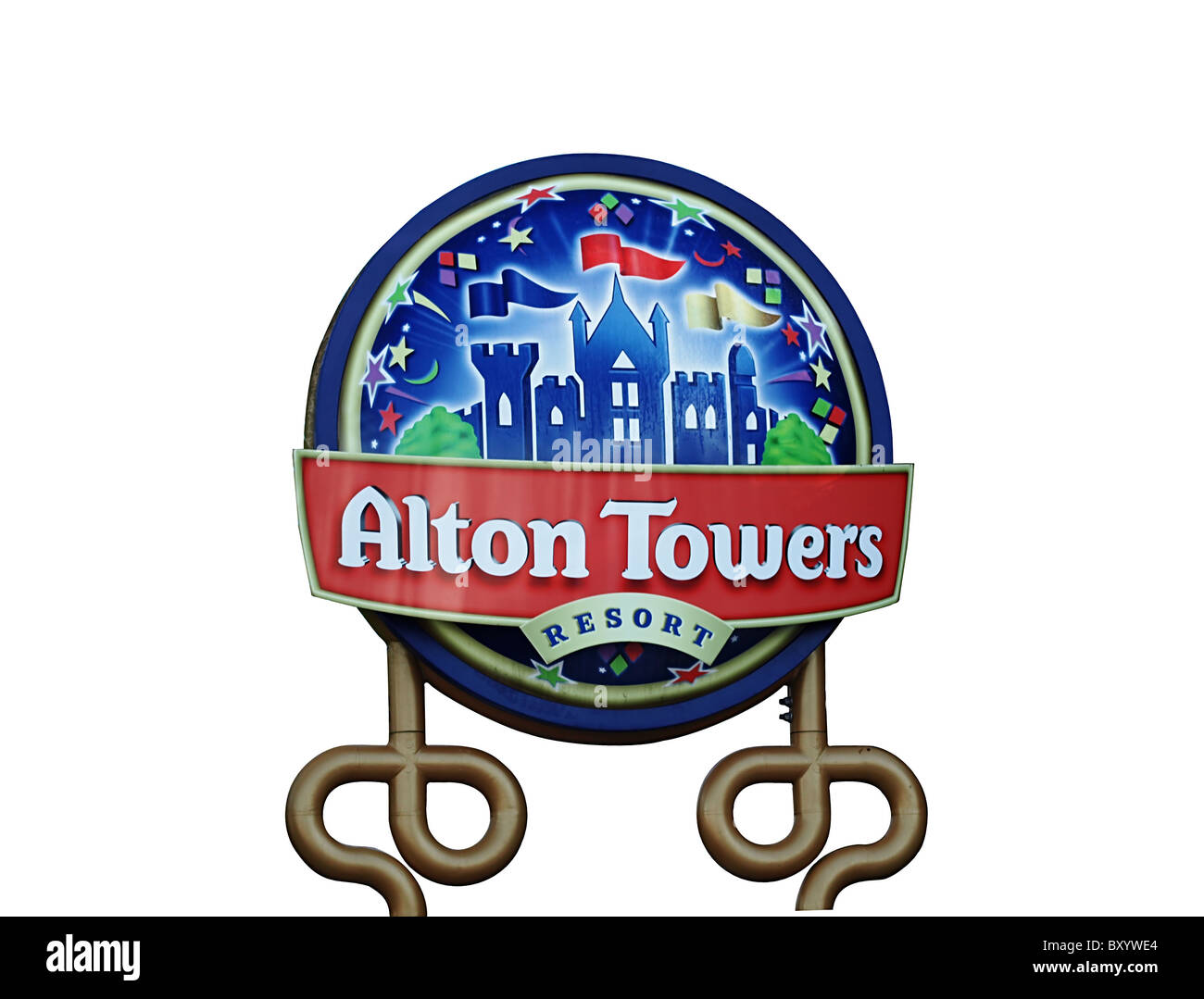 Alton Towers Zeichen isoliert auf weißem Hintergrund Stockfoto
