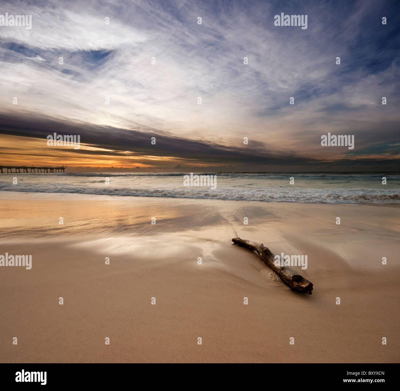Sonnenaufgang am Strand mit Log im Vordergrund auf quadratischen format Stockfoto
