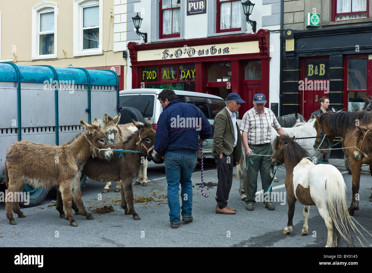 Pferd-Messe in Marktplatz in Kilrush, Co. Clare, Irland. Traditionell für Bauern und Reisende auf Handel Pferde und Esel Stockfoto