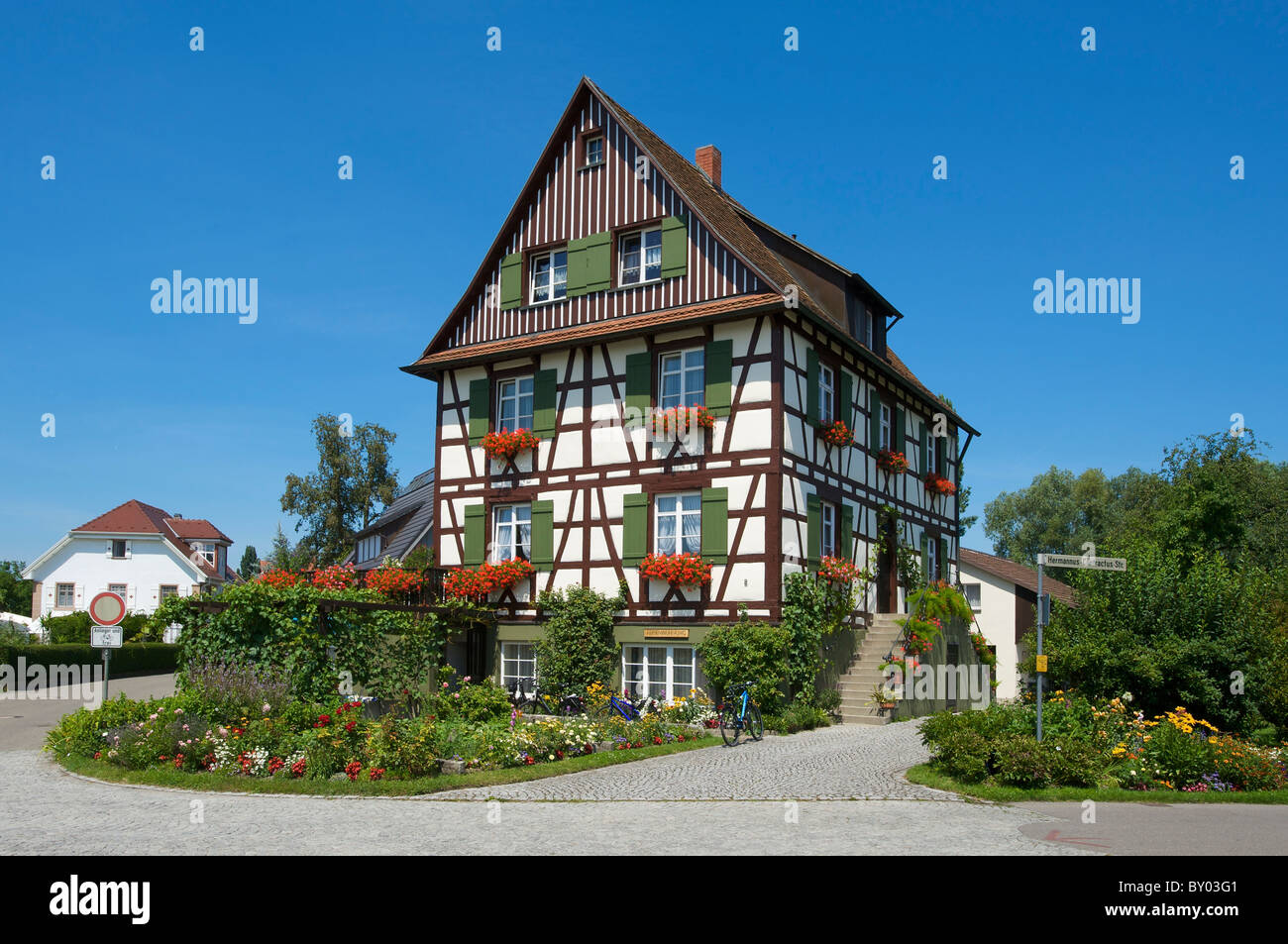 Fachwerkhaus auf der Insel Reichenau, Bodensee, Baden-Württemberg, Deutschland Stockfoto