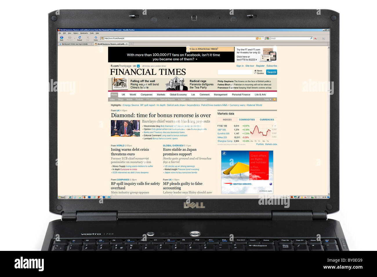 Surfen im Financial Times-Website auf einem Laptop-Computer, UK Stockfoto