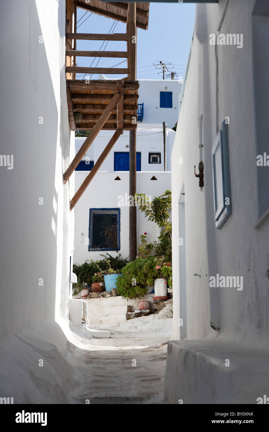 Schmalen Eingang in ein privates Wohnhaus in Mykonos-Stadt. Stockfoto