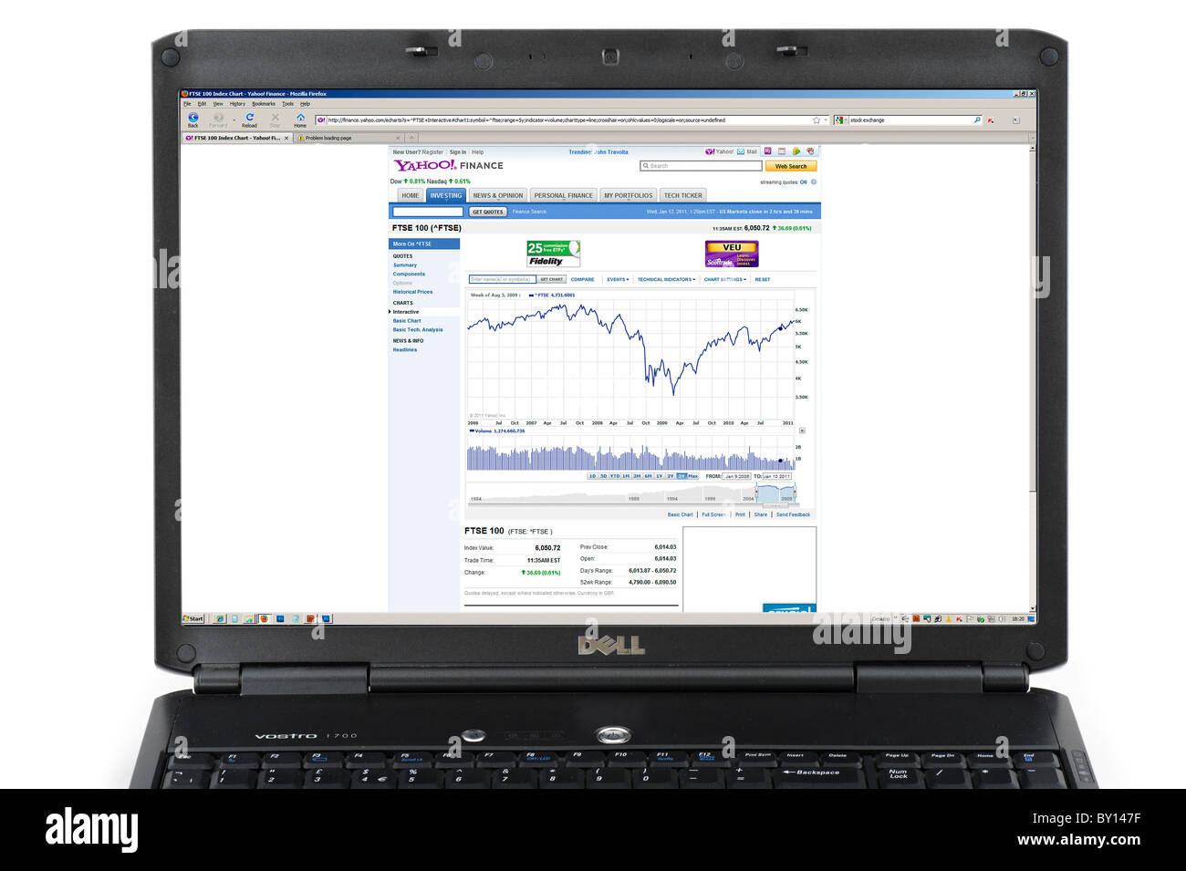Blick auf 2006 bis 2010 5 jährigen Geschichte des FTSE 100 Index auf der Website von Yahoo Finance, UK Stockfoto