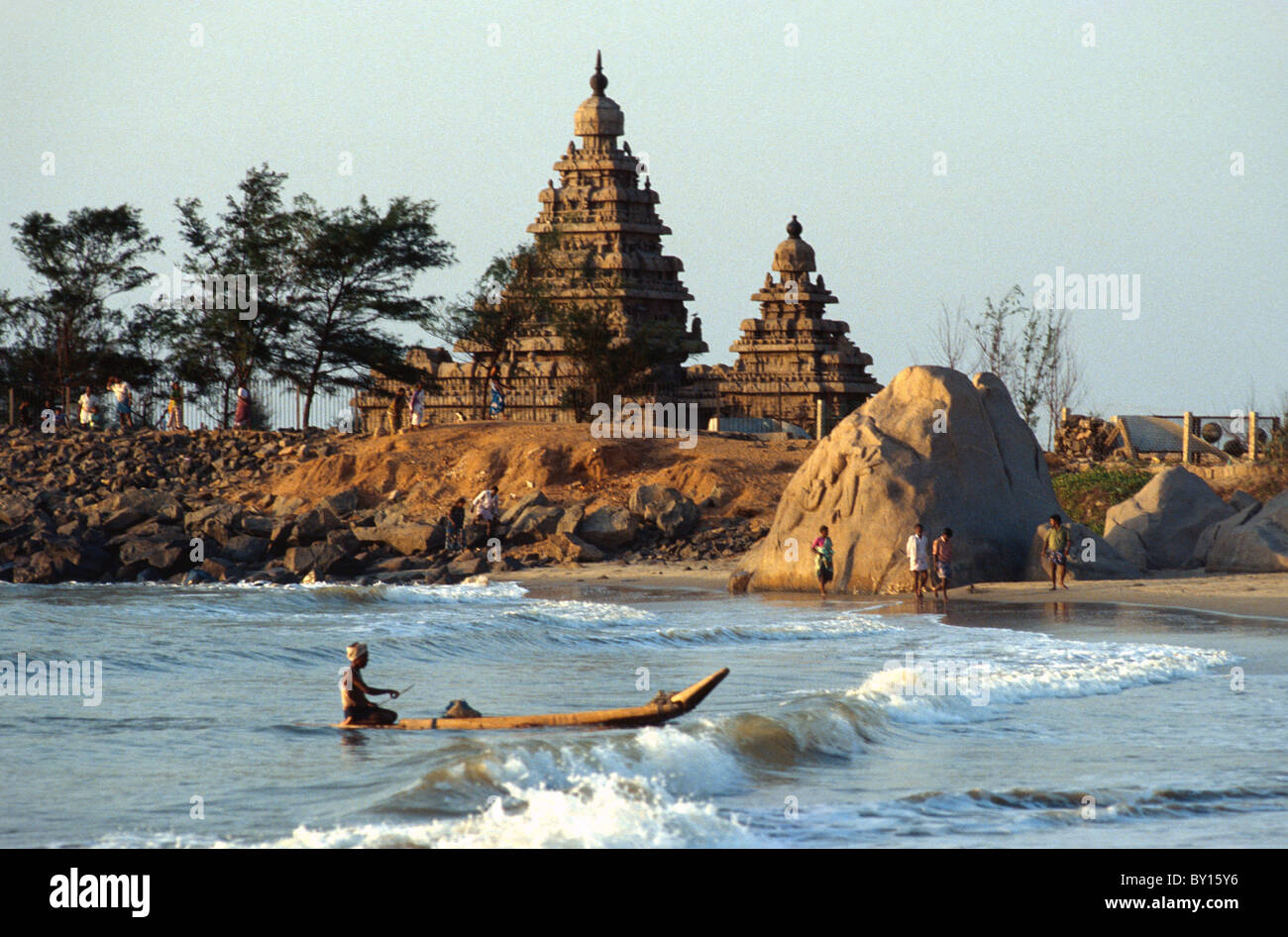 Fischer und Strand Tempel 7.ct., Mahabalipuram (Tamil Nadu), Indien, Weltkulturerbe Stockfoto