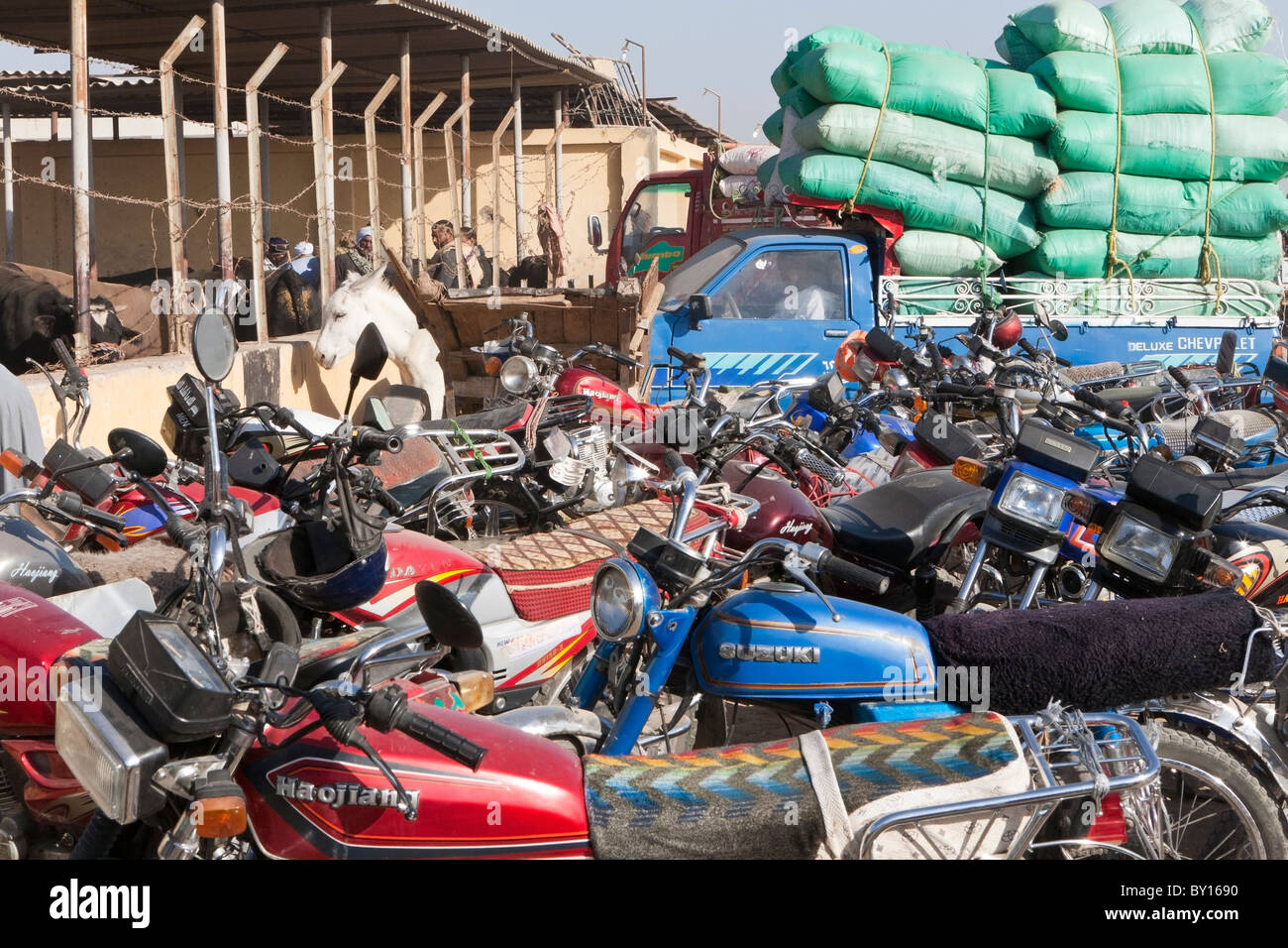 Auto und Motorrad Parkplatz an der wöchentlichen Rinder und Kamel Markt in der Nähe von Luxor Ägypten Stockfoto