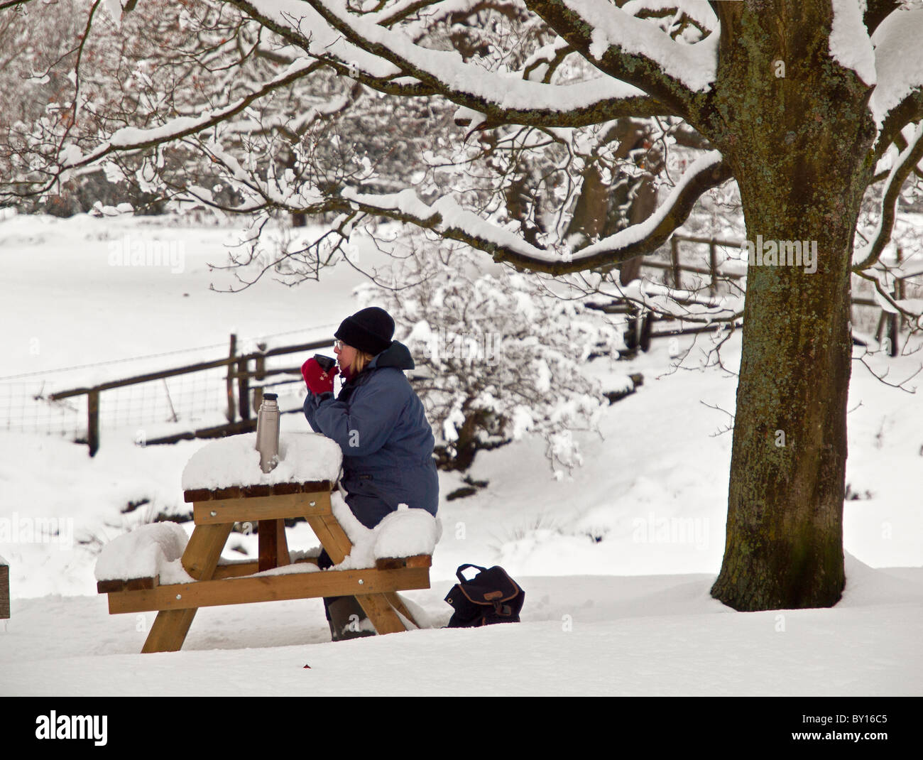 Rambler Walker eine Pause in Goathland in den Schnee zu Fuß gebunden Stockfoto