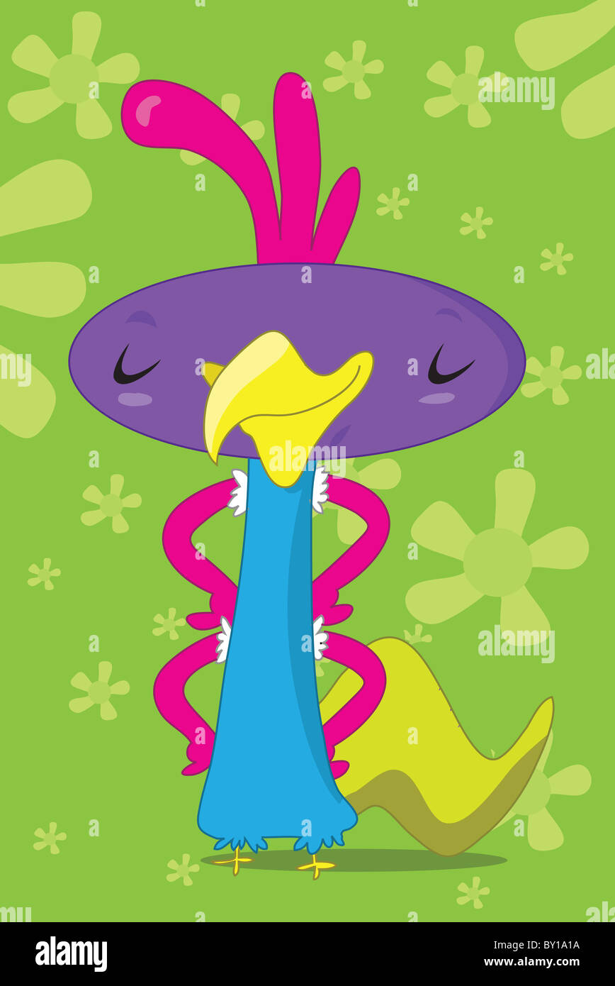 Huhn Vogel Cartoon Monster, mit vier Armen, großen lila ovalen Kopf, schleimige Schweif und zuversichtlich Lächeln auf ihrem Gesicht, auf einer grünen Stockfoto