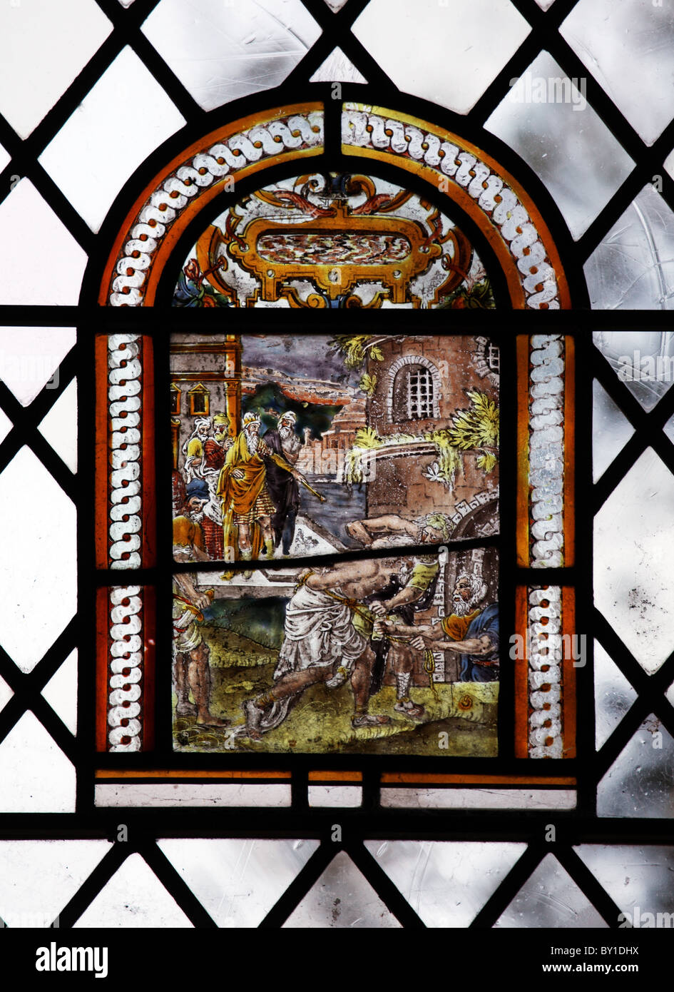 Gleichnis vom unbarmherzigen Knecht; 17. Jahrhundert Glasmalerei, flämische Schule, Pfarrkirche St. Peter, Radway, Warwickshire; Stockfoto