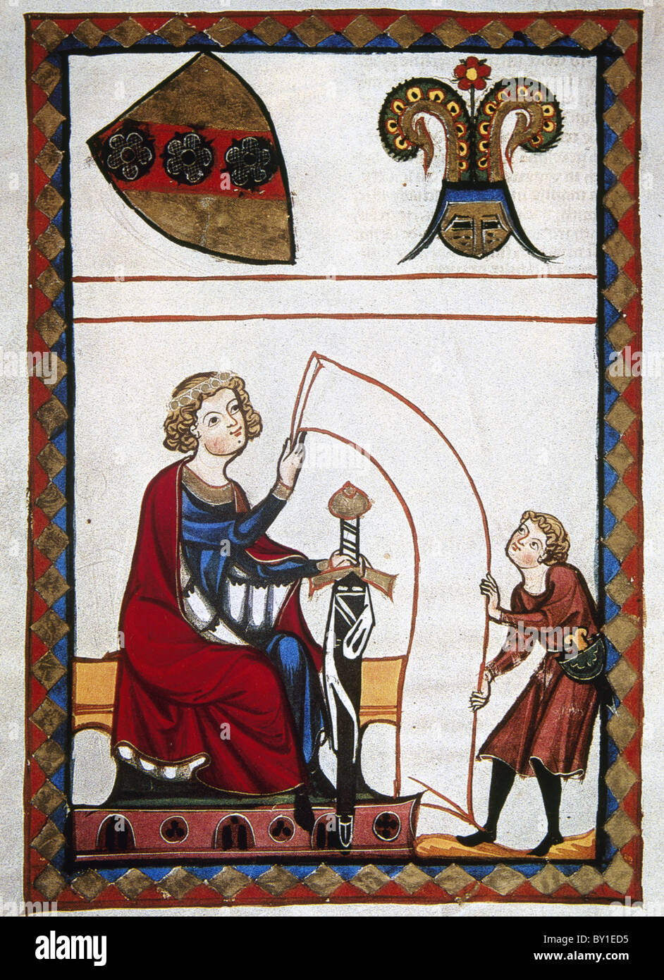 Burggraf von Rietenburg (12. Jahrhundert), bayerische edle Dichter, ein Bote eine Schriftrolle bereitzustellen. Codex Manesse. Stockfoto