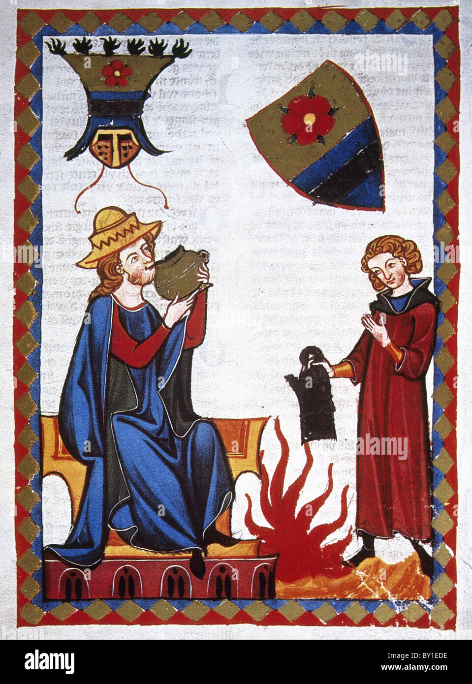 Der Marner, moralistischen 13. Jahrhundert Dichter, erfrischendes Getränk angeboten von seinem Diener. Codex Manesse. Stockfoto