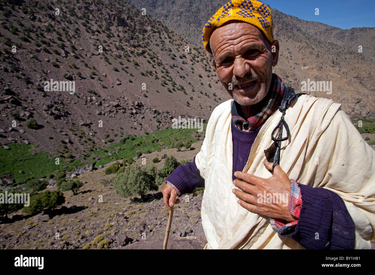 Marokko, Mount Toubkal, Berber Shepherd in Imlil-Tal an der Einflugschneise Mount Toubkhal Nordafrikas höchsten Klettern Stockfoto