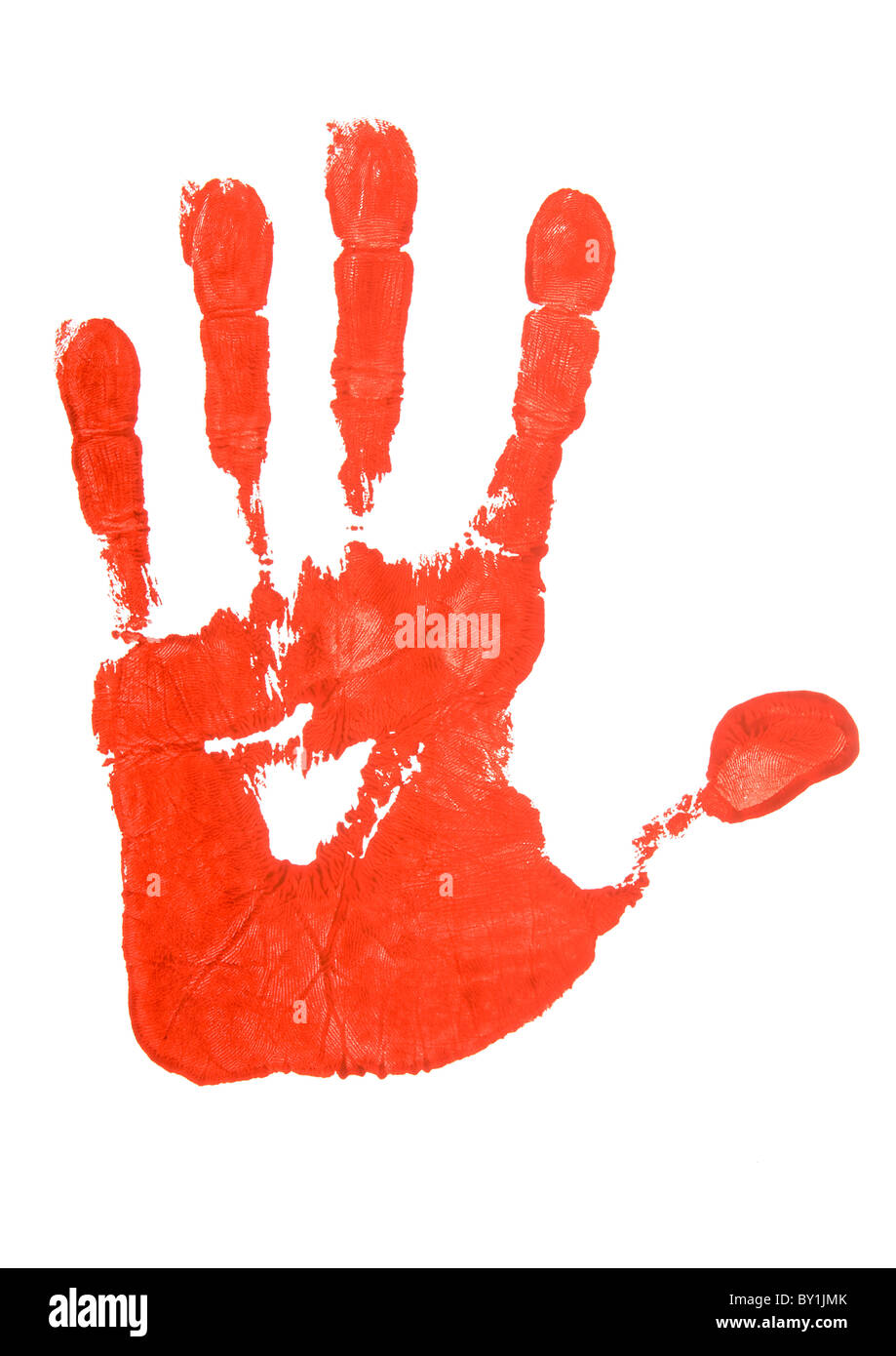 Roten Handabdruck auf weißem Hintergrund Stockfoto