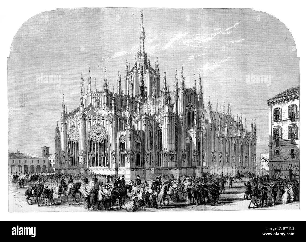 Mailänder Kathedrale: Schwarz-weiß-Illustration aus dem 19. Jahrhundert; from the London Illustrated News, 25. Juni 1859. Die Mailänder heißen die Franzosen und SAR willkommen. Stockfoto