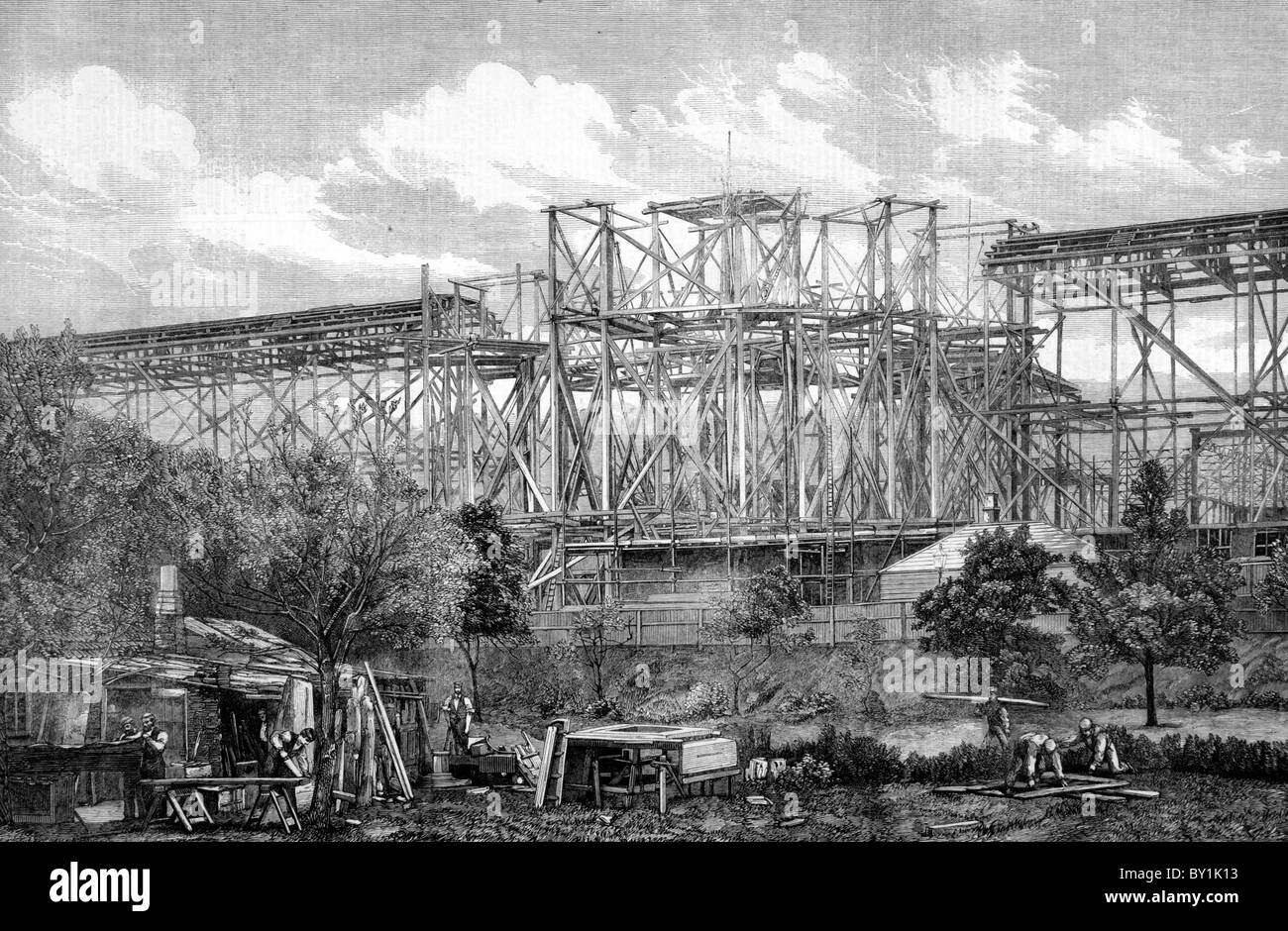 Die große Halle für die Londoner Weltausstellung von 1862 im Bau: 19. Jahrhundert schwarz-weiß-Abbildung Stockfoto