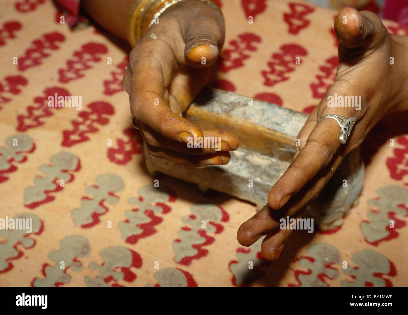 Drucken von Tuch, Sarwas in der Nähe von Jodhpur (Rajasthan), Stockfoto