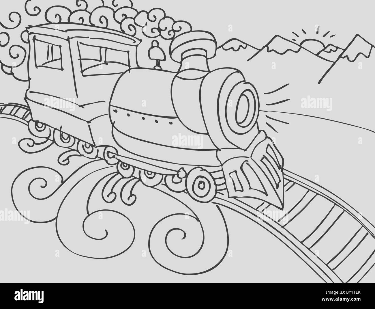 Eine Hand gezeichnete Skizze eines Zuges mit Hintergrund. Stockfoto