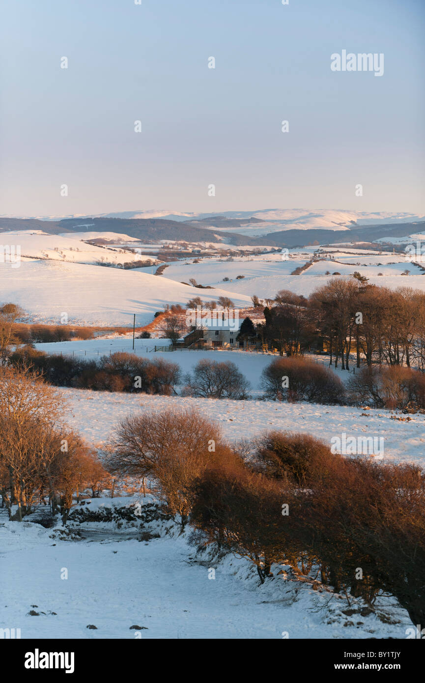 Isolierte Bauernhaus im Schnee bedeckt Landschaft in der Nähe von Aberystwyth Ceredigion Wales UK zu Weihnachten 2010 Stockfoto