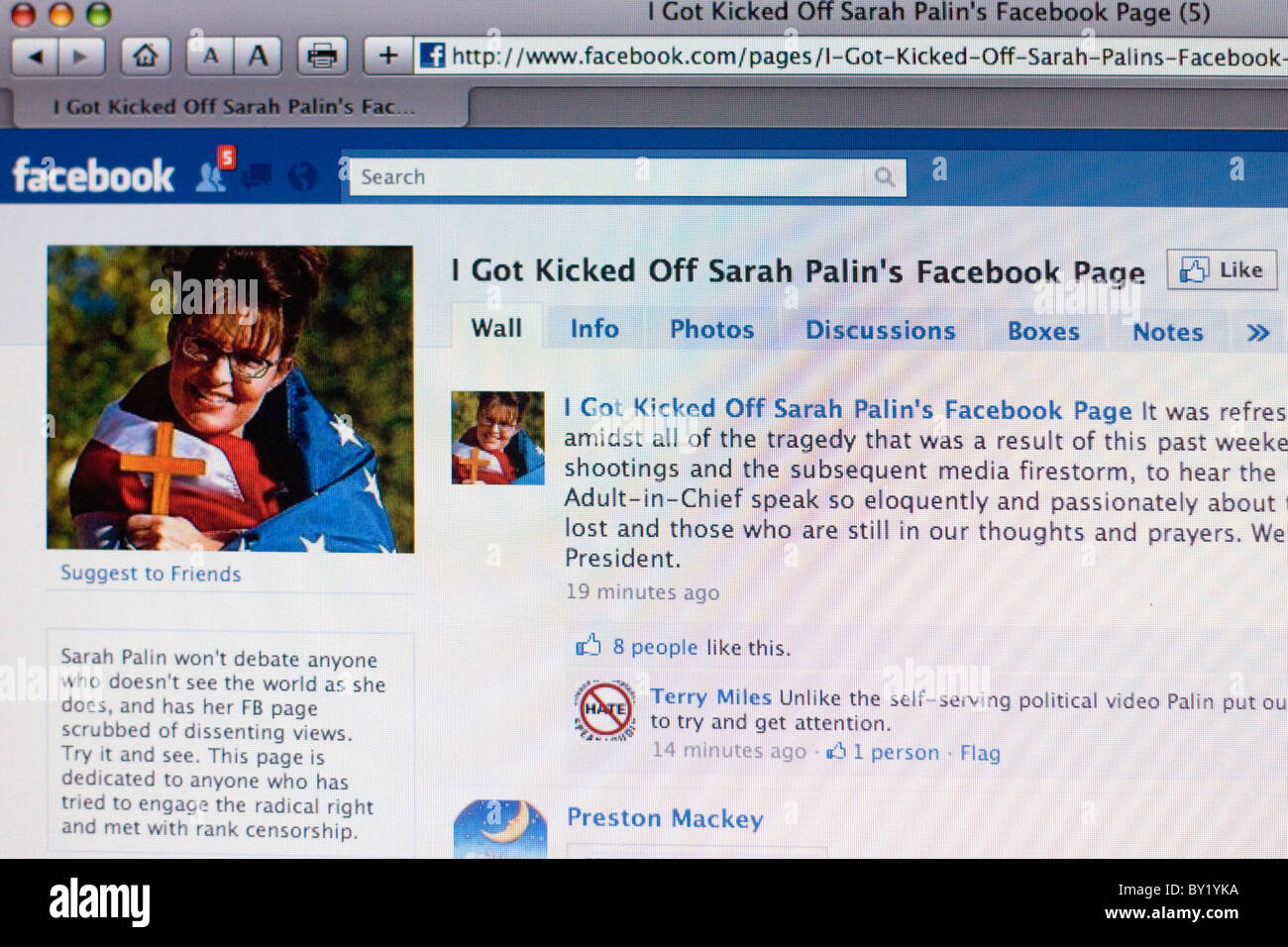 Screenshot von Facebook "Ich rauswarf aus Sarag Palin-Facebook-Seite" Stockfoto