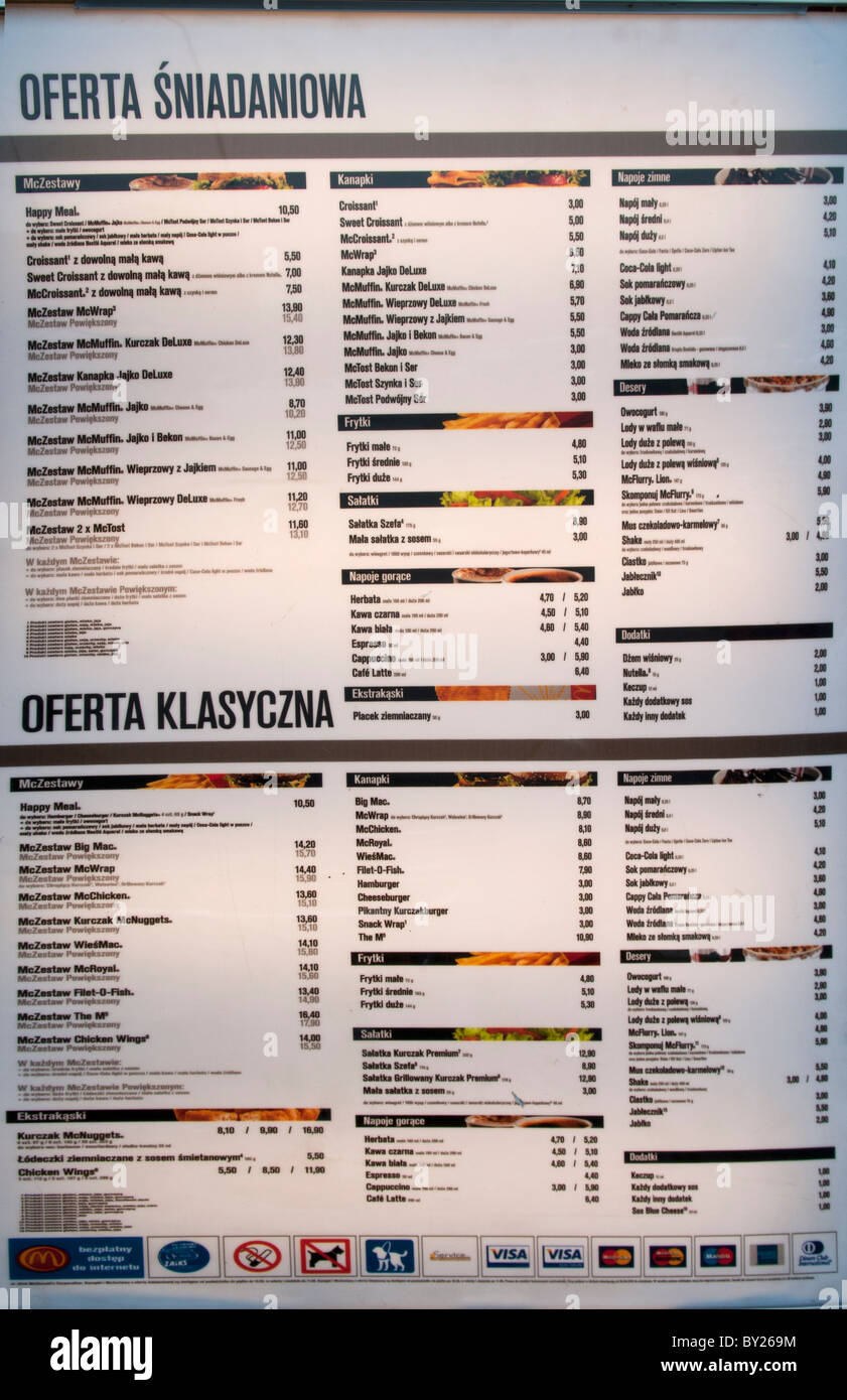 Macht der USA Firma Menü McDonalds in Warschau Polen zeigt amerikanische lifestyle Stockfoto