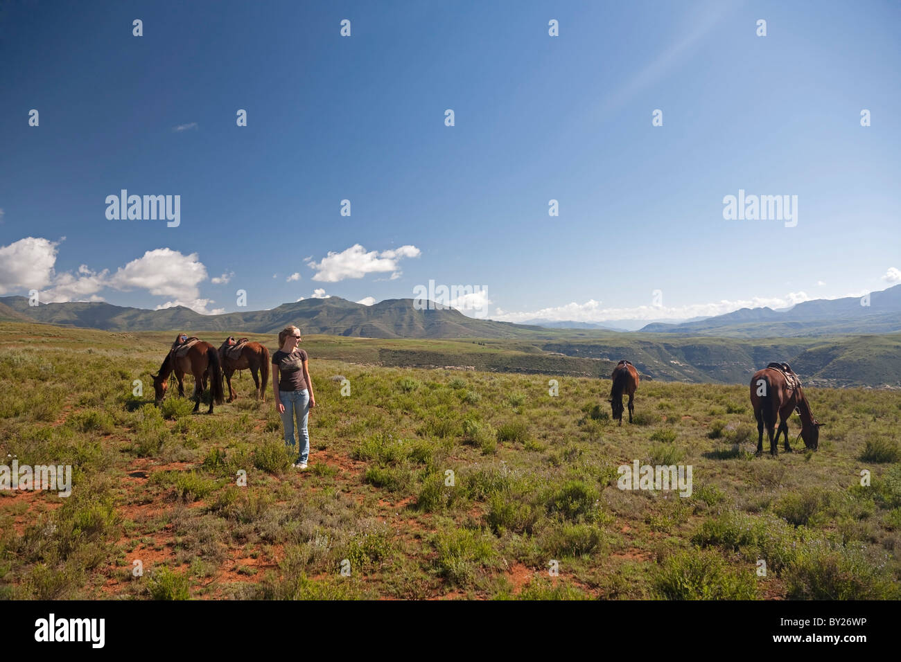 Lesotho, Malealea. Ein Tourist nimmt eine Auszeit vom Pferd Wanderung durch das Hochland von Lesotho. HERR Stockfoto